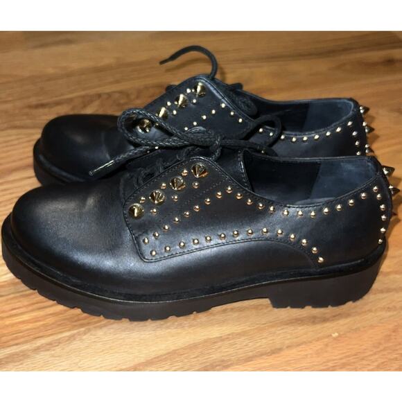 TWINSET Black Leather Gold Studded Low Combat Boots Lace Up Oxfords Size 38 7.5 - Picture 1 of 8